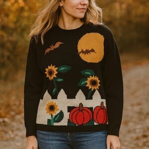 Vintage ramie cotton Knitted Fall sunflower bats Pumpkin  Sweater 90s Halloween